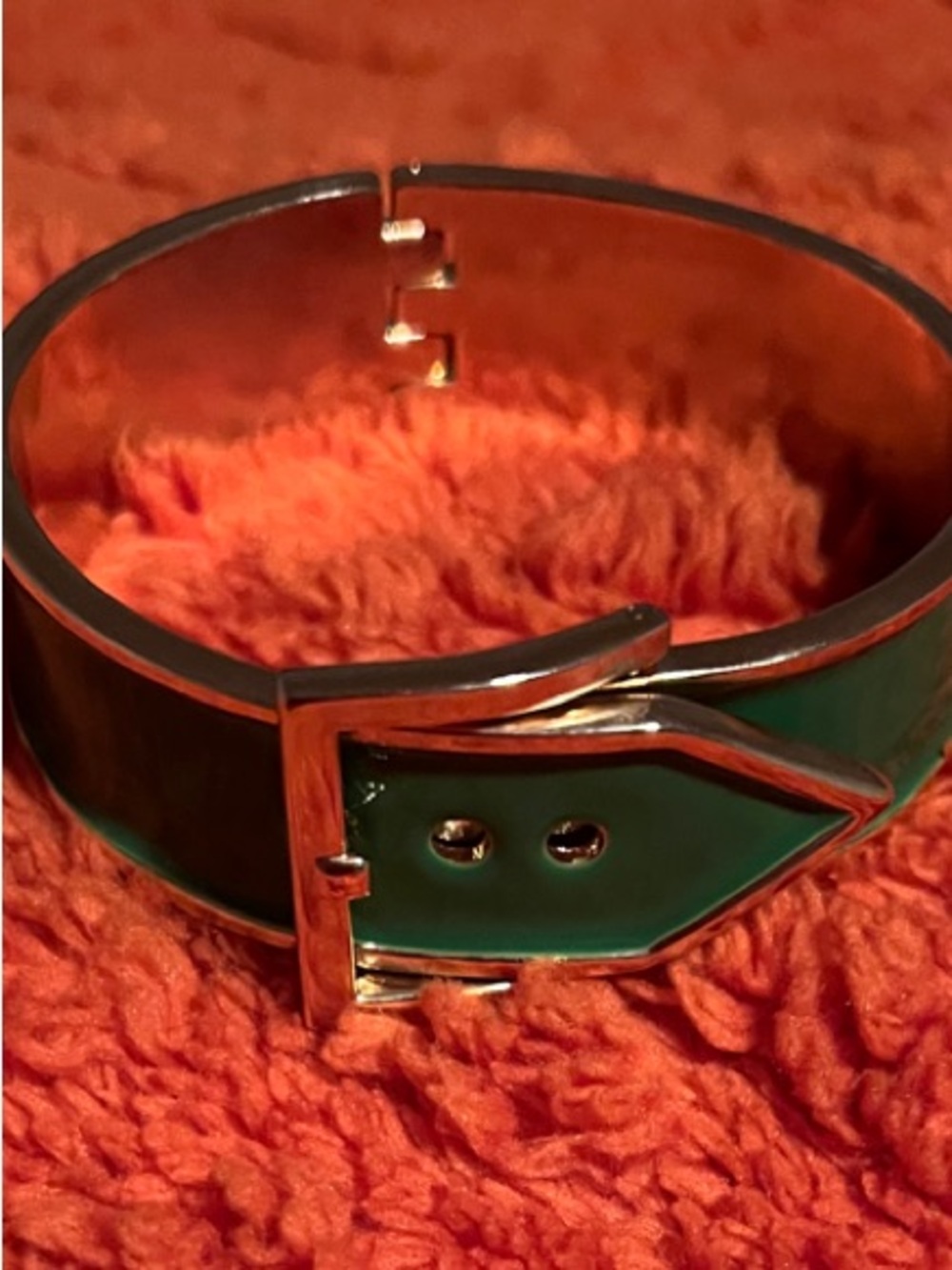 Green Enamel Belt-Style Hinged Bangle Bracelet